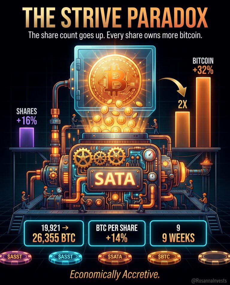 The Strive Paradox chart showing bitcoin growth outpacing share growth and BTC per share up 14 percent